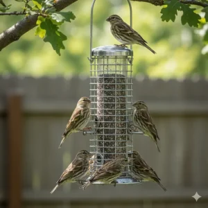 A group of Pine Siskins enjoying the fresh nyjer seed offered in a small, caged bird feeder, which deters squirrels.