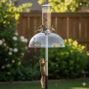 Installation view of a pole-mounted bird feeder dome baffle, positioned midway up the pole to block ground-climbing pests.
