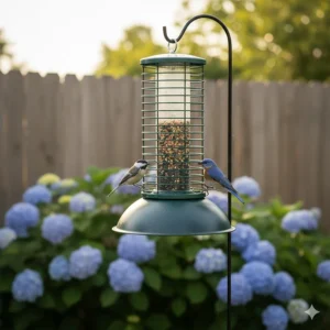 A large capacity cage bird feeder securely mounted on a pole with a baffle for extra pest protection.