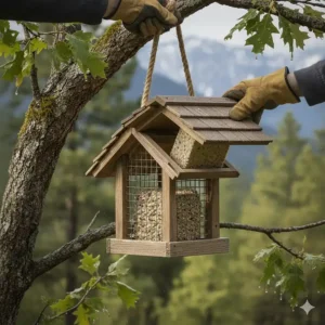 Step-by-step image showing how to easily open and refill the wooden suet cage for winter feeding.