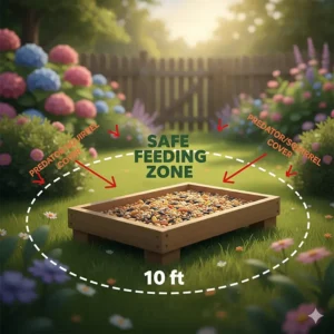 A bright-breasted Robin perched at the edge of a shallow dish-style ground bird feeder, ideal for serving mealworms or suet pellets to different ground-feeding birds.