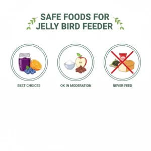 Infographic listing the best types of food, like non-artificial fruit jelly and citrus halves, to put in a jelly bird feeder.