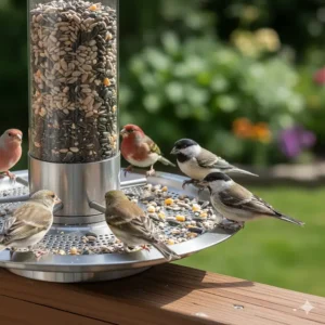 Close-up of a built-in seed tray feature that prevents spilled seed from falling to the ground, highlighting the no-mess benefit.