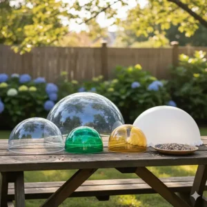 A variety of bird feeder dome sizes and colors, including green, clear, and tinted options, for different feeder styles.
