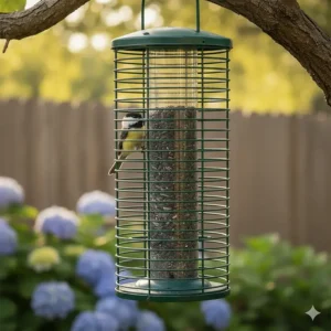A chickadee safely perched inside a cage bird feeder, enjoying sunflower seeds without competition.