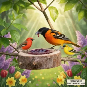 Photo of a jelly bird feeder being used in early spring, specifically targeting migratory birds like Orioles and Tanagers.