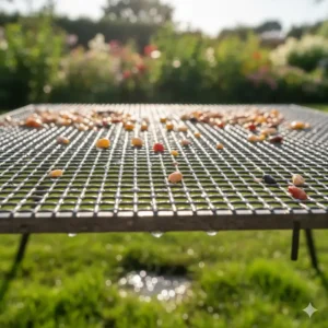 Humorous photo of a persistent squirrel attempting to reach the seed inside a ground bird feeder protected by a wire guardian cage, demonstrating the need for pest control.