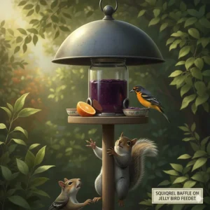 Image of a jelly bird feeder pole protected by a dome-shaped baffle to deter squirrels from accessing the sweet jelly.