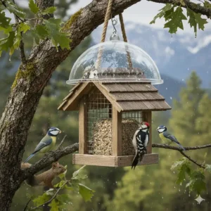 Showing the wooden suet feeder paired with a dome-style baffle for effective squirrel deterrence.