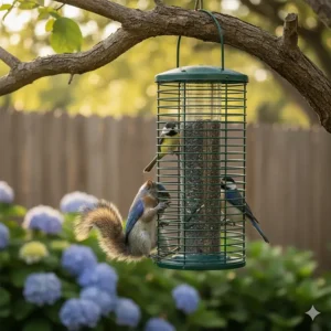 A squirrel attempting to reach the seed inside a heavy-duty, squirrel-proof cage bird feeder.