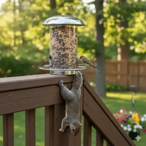 Close-up of a baffled squirrel-proof deck bird feeder designed to keep pests out.
