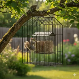 Squirrel-proof double suet cage feeder featuring a protective outer metal grid to deter squirrels and large "bully" birds.