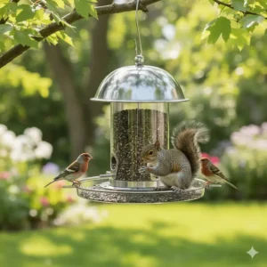 A baffle or weighted perch mechanism on a no-mess bird feeder that deters squirrels, reducing food waste and ground mess.