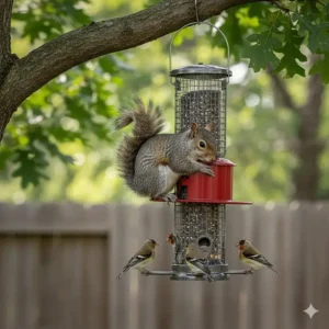 Illustration of a weight-activated squirrel-proof bird feeder for nyjer seed, showing the ports closing when a heavy squirrel lands on the perch.