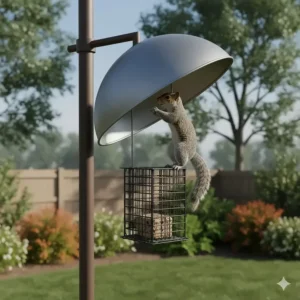 An illustration showing a large baffle installed above a squirrel proof suet bird feeder cage to deter rodents.