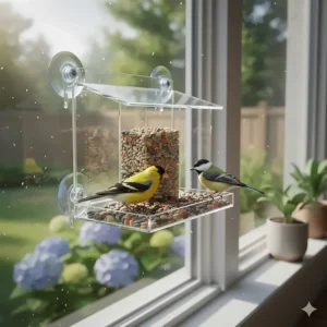 Clear acrylic window bird feeder with suction cups, often used on decks near a window.