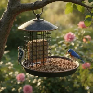 A dual-compartment feeder designed to hold both suet cakes and mealworms for diverse bird feeding.