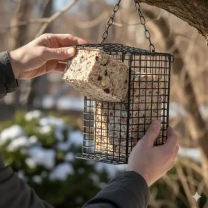 Step-by-step animation demonstrating how to easily load a standard suet cake into the wire feeder cage.