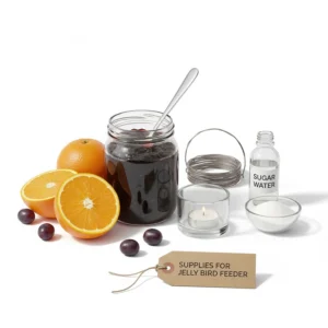 Image illustrating the necessary materials: grape jelly, a small container, wire, and sugar water to create a jelly bird feeder.