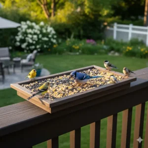 Large, tray-style deck bird feeder offering a spacious feeding area for multiple small birds.