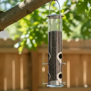 Diagram showing a clear, cylindrical tube bird feeder with small ports, ideal for serving nyjer seed to smaller birds like finches.