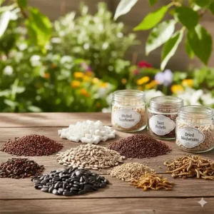 A graphic illustrating the best no-mess bird seed mixes, such as hulled sunflower or suet pellets, to use in the feeder.