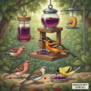 A collection of colorful birds, like a Baltimore Oriole and a House Finch, feeding at different styles of jelly bird feeders.