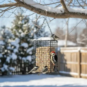 Illustration showing a snow-covered yard with a suet bird feeder cage hanging, highlighting winter bird feeding.