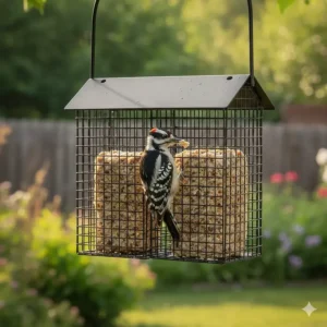 A Downy woodpecker clinging to the double cage suet feeder mesh, easily reaching the bird suet.