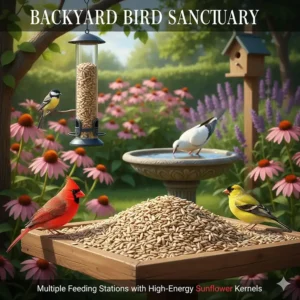 A peaceful backyard setting featuring multiple stations with sunflower kernels for birds.