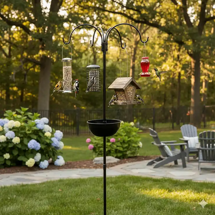 A complete, multi-hook bird feeder pole system installed in a yard, with various bird feeders attracting finches and chickadees.