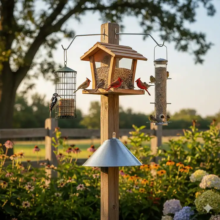 A sturdy wooden post supporting three different types of bird feeders: a large hopper feeder, a suet cage, and a tubular seed dispenser, attracting a variety of common backyard birds. bird feeders on a post