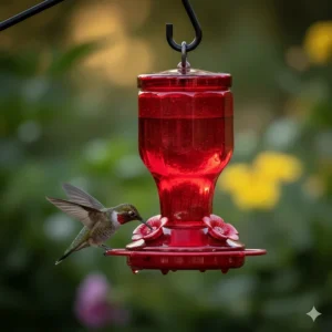 A close-up photo of a red hanging hummingbird feeder with nectar, showing a hummingbird feeding from a port.