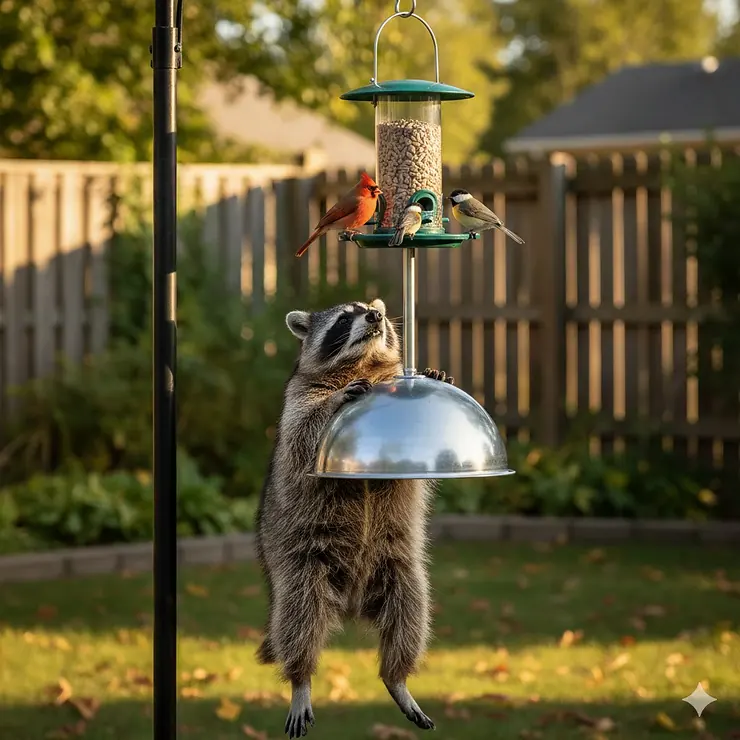A high-quality raccoon resistant bird feeder hanging from a pole with a metal baffle preventing a raccoon from reaching the seed.