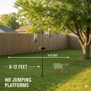 A graphic showing the 8-12 foot rule for hanging raccoon resistant bird feeders away from jumping platforms like fences or trees.