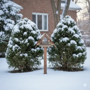Illustration showing the ideal placement of a cardinal bird feeder near protective evergreen shrubs for safety.