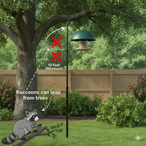 Diagram showing bird feeder placement 10 feet away from trees to prevent raccoons from leaping over the baffle.