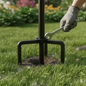 Close-up of the heavy-duty ground anchor and stake, demonstrating the stability and deep insertion needed for a secure bird feeder pole installation.