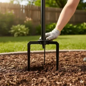 Close-up of a 4-prong shepherd's hook ground stake for a stable bird feeder pole.