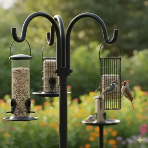 Detail of the multiple hanging hooks and arms on the pole, designed to support the weight of several full, heavy duty bird feeders.
