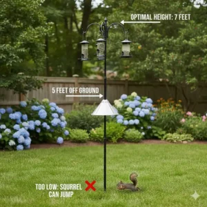Illustration showing the ideal height for a squirrel proof bird feeder pole to prevent jumping from the ground.