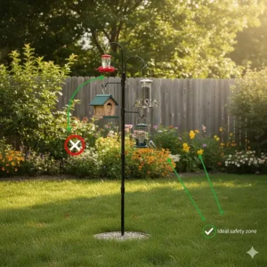 A visual guide demonstrating the ideal placement of a bird feeder pole away from shrubs and trees for bird safety.