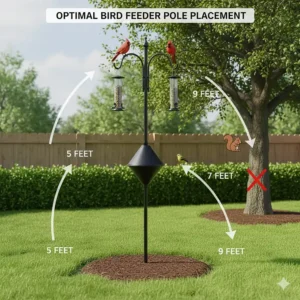 Diagram showing the 5-7-9 rule for placing a squirrel proof bird feeder pole away from trees.