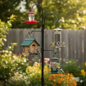 An illustration of a tall bird feeder pole supporting a hummingbird feeder, a tube feeder, and a hopper feeder.