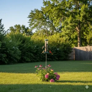 A bird feeder on a post placed in an open area, safely positioned 10-15 feet away from dense shrubs or trees to prevent cat ambush.