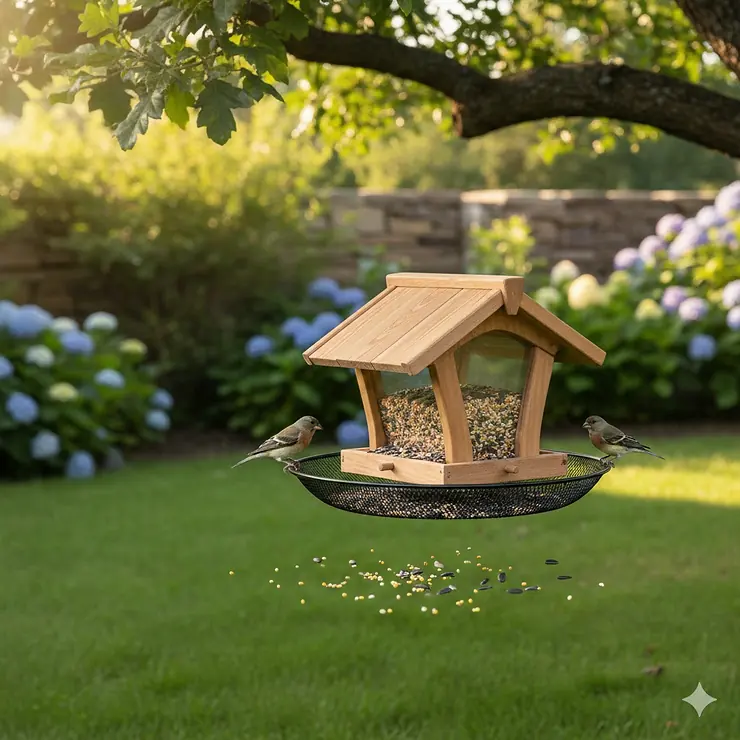 A wooden bird feeder with a mesh seed catcher tray attached underneath to prevent spills on the lawn.