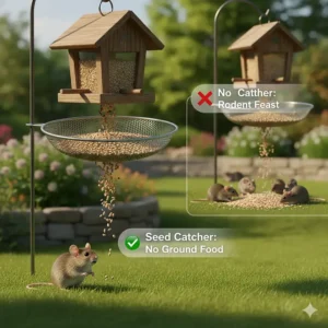 Illustration showing how catching fallen seeds prevents ground-feeding rodents like mice and rats from gathering.