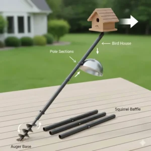 Diagram illustrating the simple assembly steps for a multi-part bird house pole system with an auger base.