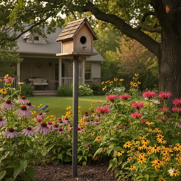 Close-up of a rustic wooden bird house mounted securely on a tall, weatherproof pole in a sunny backyard garden.