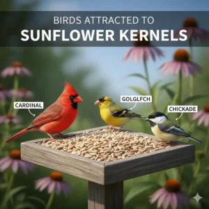 Illustration of a Northern Cardinal, American Goldfinch, and Chickadee eating sunflower kernels.